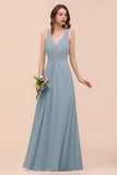 Elegant V-Neck Ruffle Dusty Blue Chiffon Bridesmaid Dresses Online