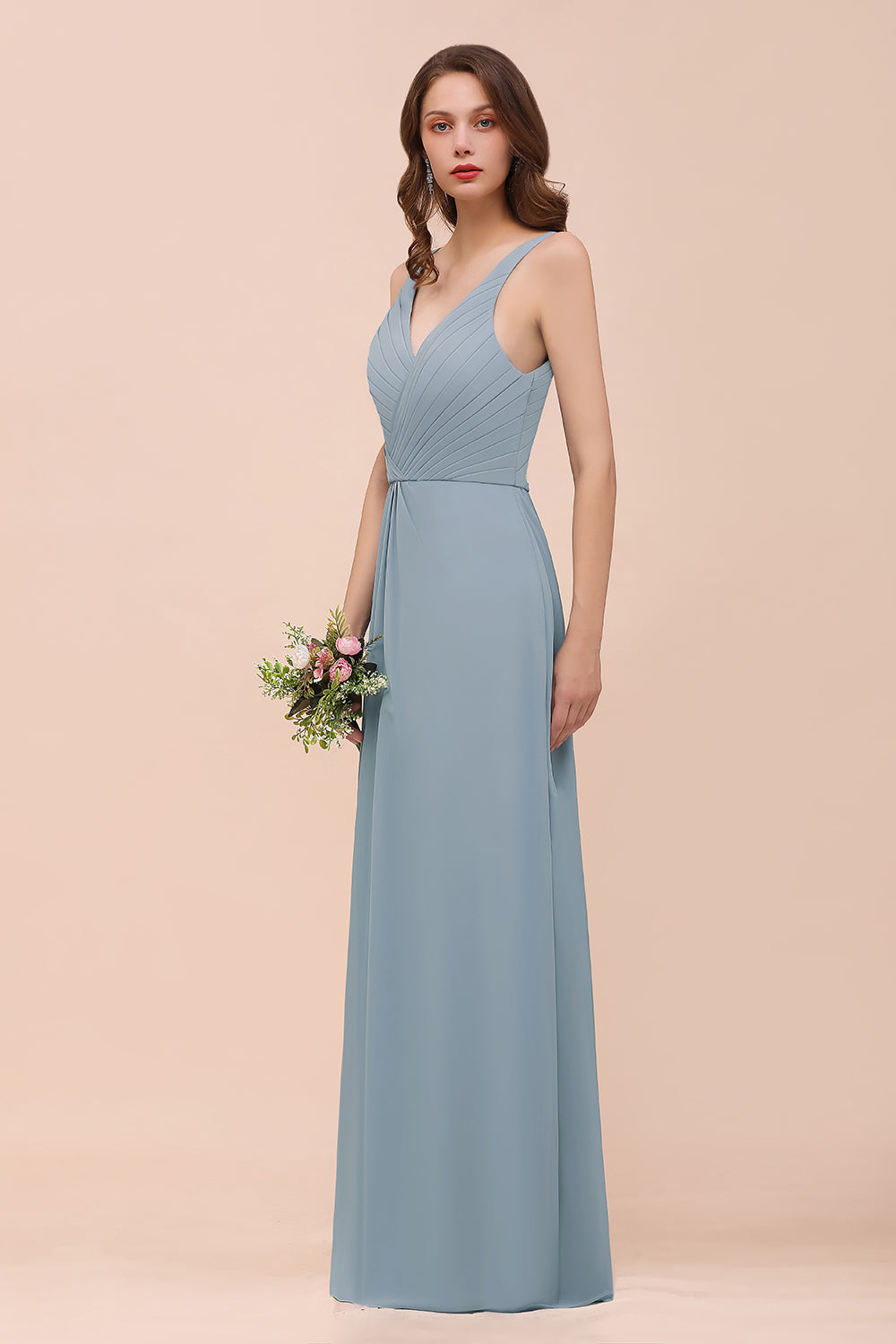 Elegant V-Neck Ruffle Dusty Blue Chiffon Bridesmaid Dresses Online
