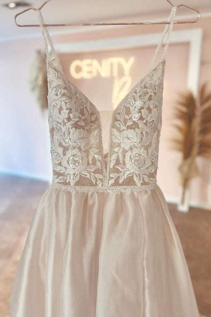 Elegant V-Neck Spaghetti Straps Sleeveless A-Line Wedding Dress in Delicate Lace