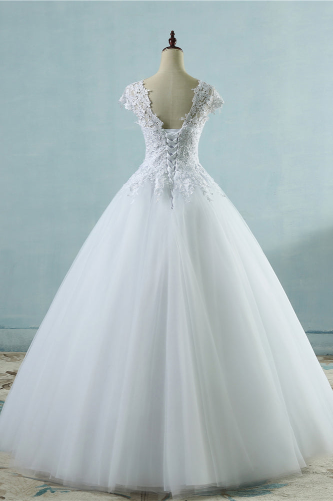 Elegant V-Neck Tull Lace White Wedding Dress Short Sleeves Appliques Bridal Gowns Online
