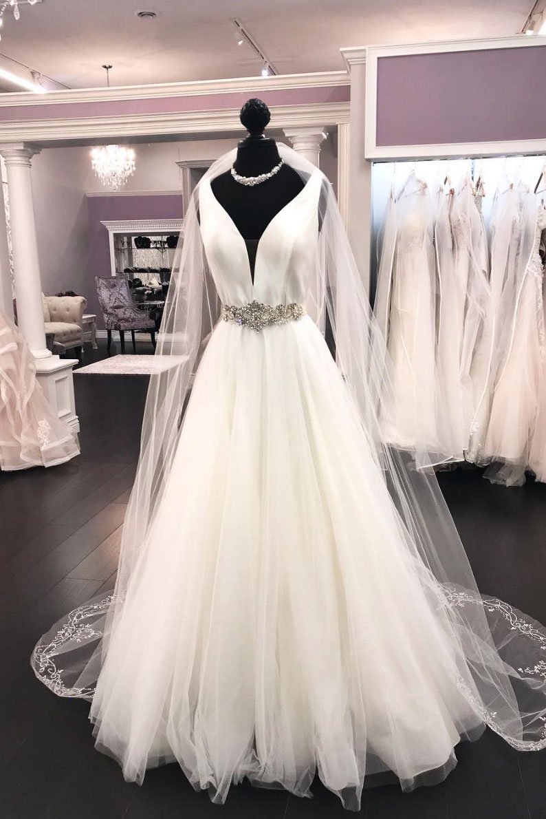 Elegant White Satin Tulle V-Neck Wedding Dress Long Halter Bridal Gowns On Sale