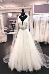 Elegant White Satin Tulle V-Neck Wedding Dress Long Halter Bridal Gowns On Sale