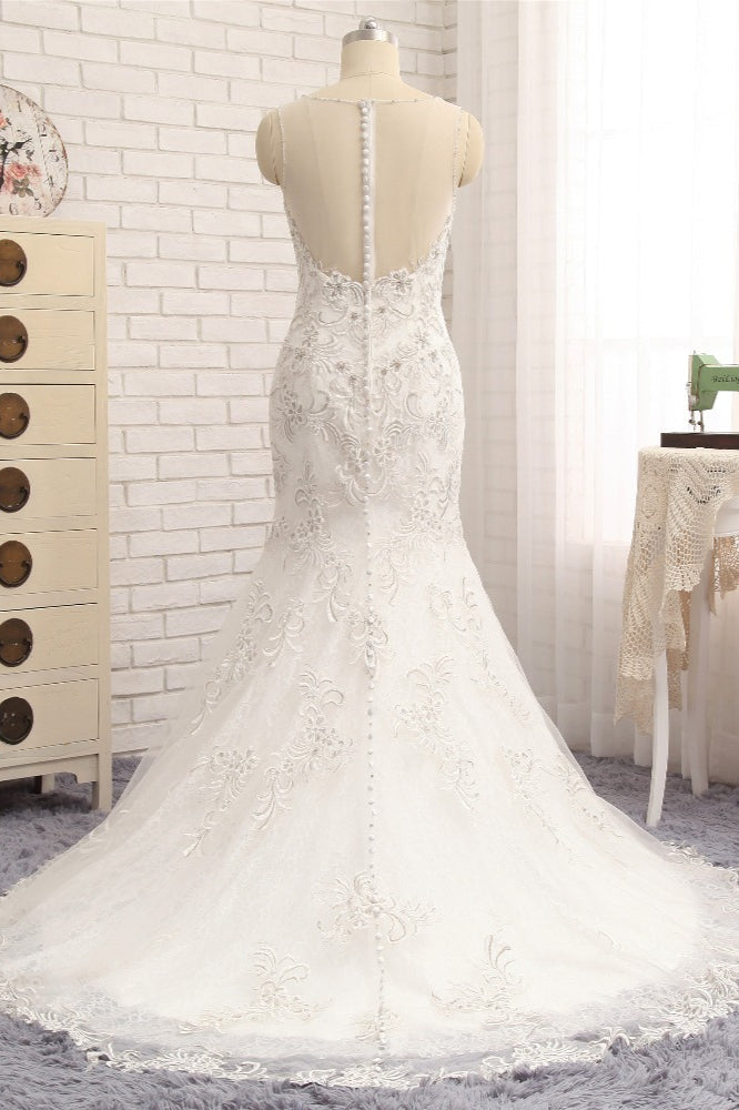 Elegant White Sleeveless Jewel Wedding Dresses With Appliques Mermaid Lace Bridal Gowns Online