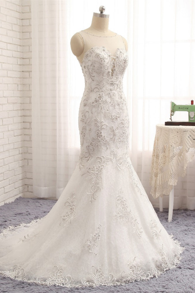 Elegant White Sleeveless Jewel Wedding Dresses With Appliques Mermaid Lace Bridal Gowns Online