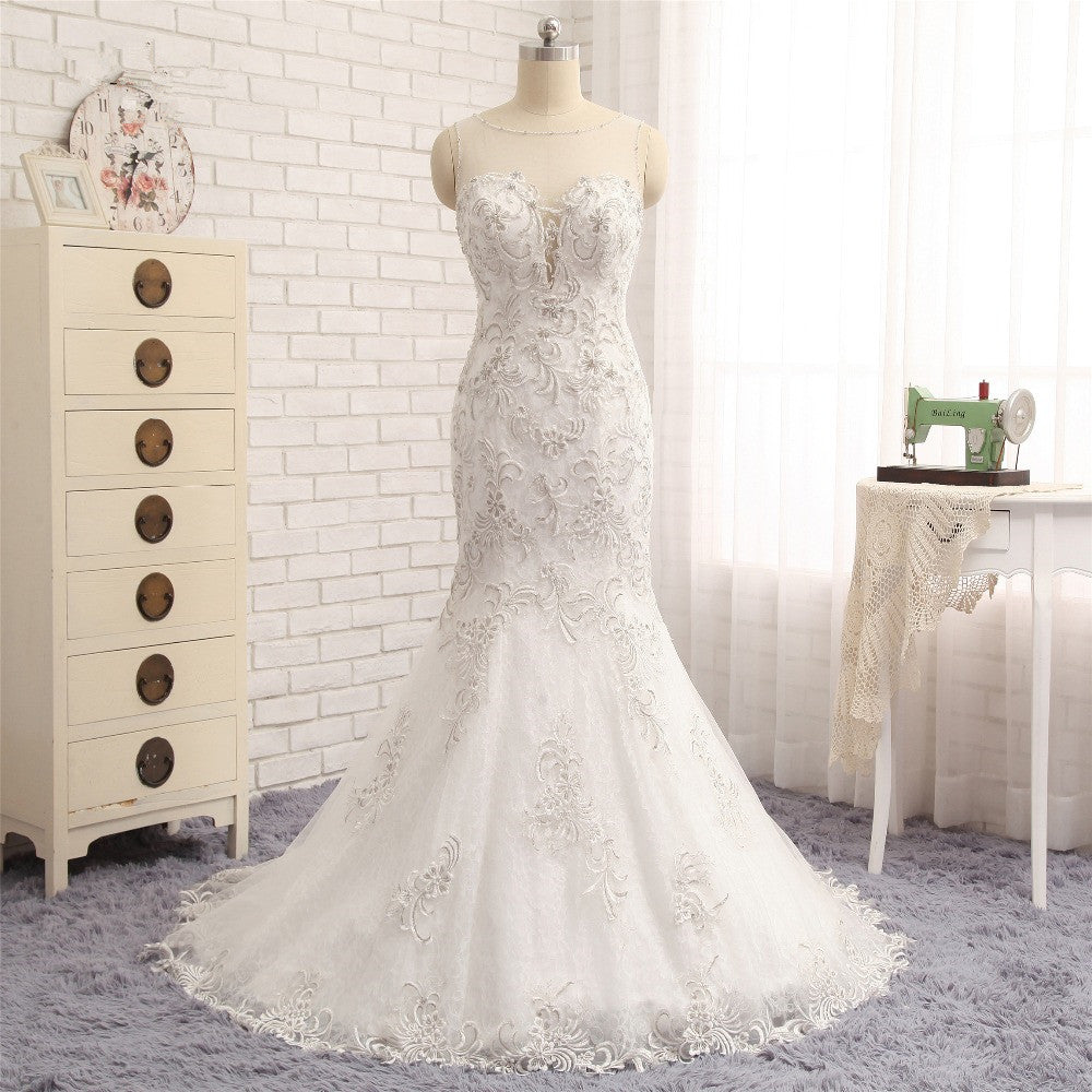 Elegant White Sleeveless Jewel Wedding Dresses With Appliques Mermaid Lace Bridal Gowns Online