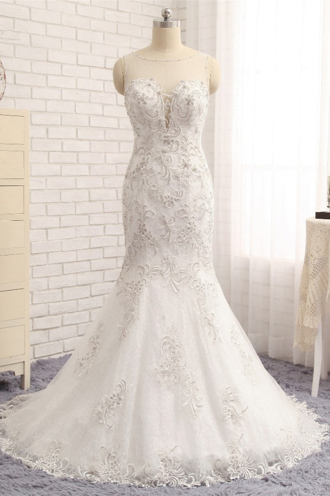 Elegant White Sleeveless Jewel Wedding Dresses With Appliques Mermaid Lace Bridal Gowns Online