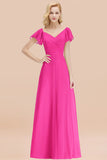 Elegent Short-Sleeve Long Bridesmaid Dress Online Yellow Chiffon Wedding Party Dress