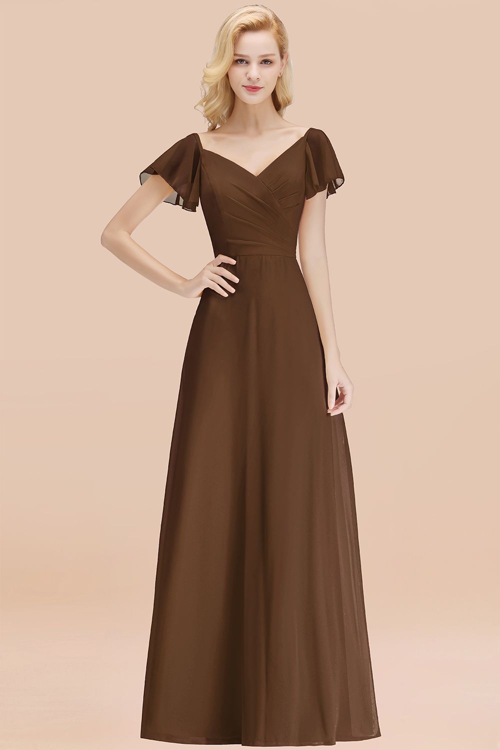 Elegent Short-Sleeve Long Bridesmaid Dresses Yellow Chiffon Wedding Pa – Newinlook