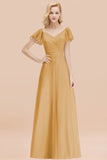 Elegent Short-Sleeve Long Bridesmaid Dress Online Yellow Chiffon Wedding Party Dress
