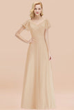 Elegent Short-Sleeve Long Bridesmaid Dress Online Yellow Chiffon Wedding Party Dress