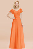 Elegent Short-Sleeve Long Bridesmaid Dress Online Yellow Chiffon Wedding Party Dress