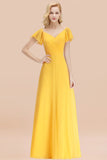 Elegent Short-Sleeve Long Bridesmaid Dress Online Yellow Chiffon Wedding Party Dress
