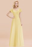 Elegent Short-Sleeve Long Bridesmaid Dress Online Yellow Chiffon Wedding Party Dress