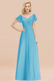 Elegent Short-Sleeve Long Bridesmaid Dress Online Yellow Chiffon Wedding Party Dress