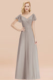 Elegent Short-Sleeve Long Bridesmaid Dress Online Yellow Chiffon Wedding Party Dress