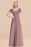 Elegent Short-Sleeve Long Bridesmaid Dress Online Yellow Chiffon Wedding Party Dress