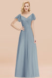 Elegent Short-Sleeve Long Bridesmaid Dress Online Yellow Chiffon Wedding Party Dress