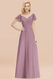 Elegent Short-Sleeve Long Bridesmaid Dress Online Yellow Chiffon Wedding Party Dress