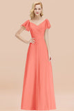 Elegent Short-Sleeve Long Bridesmaid Dress Online Yellow Chiffon Wedding Party Dress