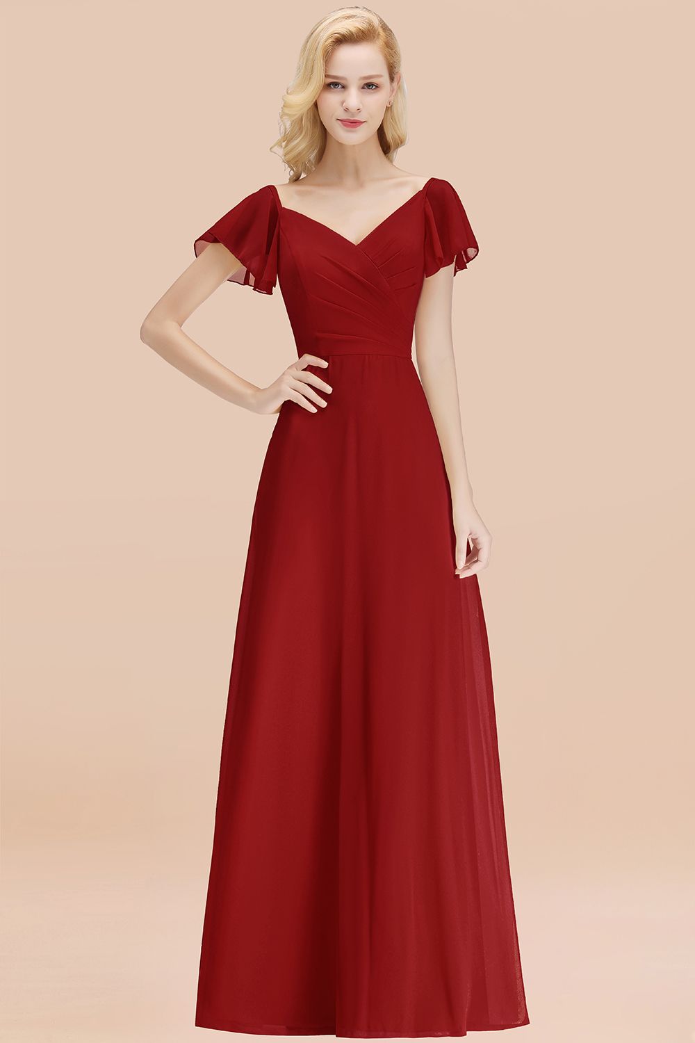 Elegent Short-Sleeve Long Bridesmaid Dresses Yellow Chiffon Wedding Pa – Newinlook