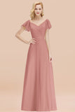 Elegent Short-Sleeve Long Bridesmaid Dress Online Yellow Chiffon Wedding Party Dress