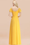 Elegent Short-Sleeve Long Bridesmaid Dress Online Yellow Chiffon Wedding Party Dress