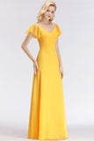 Elegent Short-Sleeve Long Bridesmaid Dress Online Yellow Chiffon Wedding Party Dress