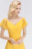 Elegent Short-Sleeve Long Bridesmaid Dress Online Yellow Chiffon Wedding Party Dress