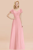 Elegent Short-Sleeve Long Bridesmaid Dress Online Yellow Chiffon Wedding Party Dress