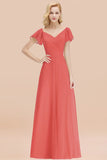 Elegent Short-Sleeve Long Bridesmaid Dress Online Yellow Chiffon Wedding Party Dress