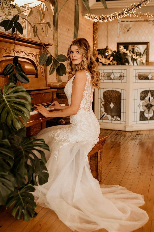 Elgeant V-Neck Wedding Dress Mermaid Lace Tulle Online