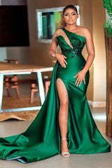 Emerald Green One Shoulder Prom Dress Mermaid Slit With Sequins