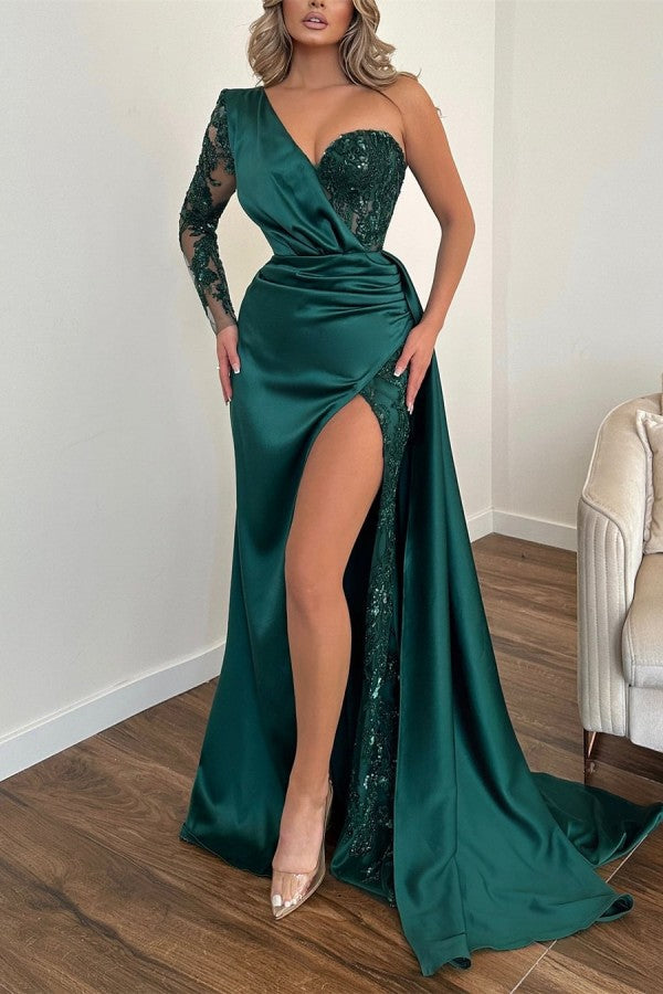 Emerald Green Prom Dress Long Sleeve One Shoulder With Split