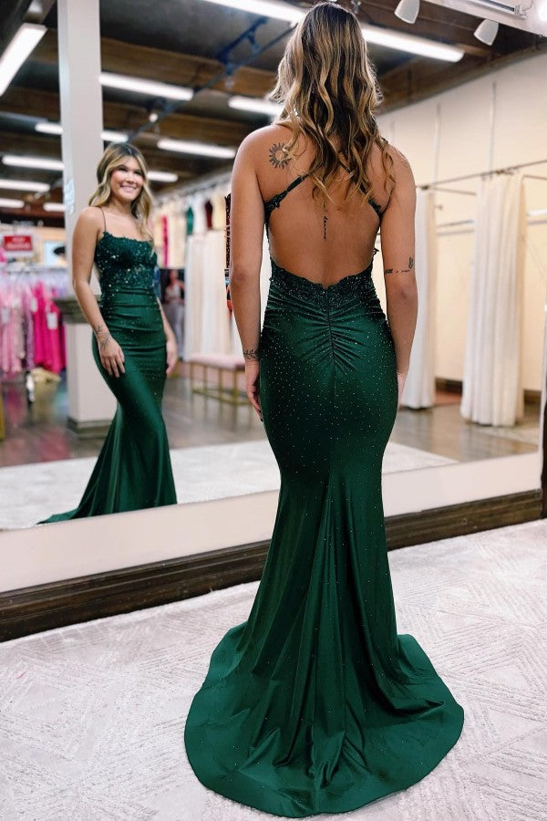 Emerald Green Prom Dress Spaghetti-Straps Mermaid Sleeveless