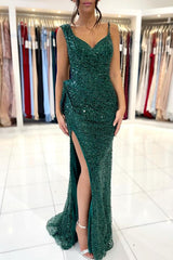 Emerald Green Sequins Prom Dress Mermaid Sleeveless With Slit