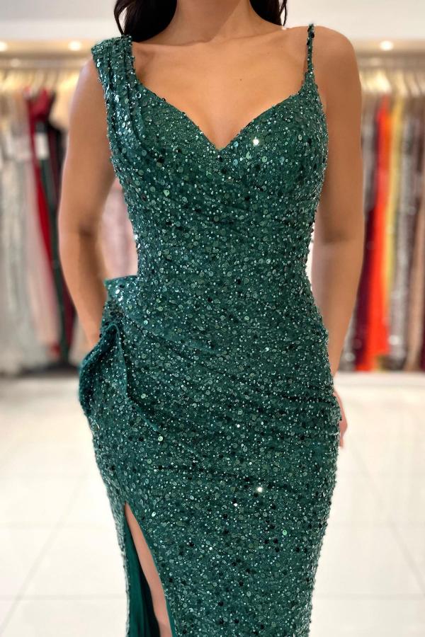 Emerald Green Sequins Prom Dress Mermaid Sleeveless With Slit