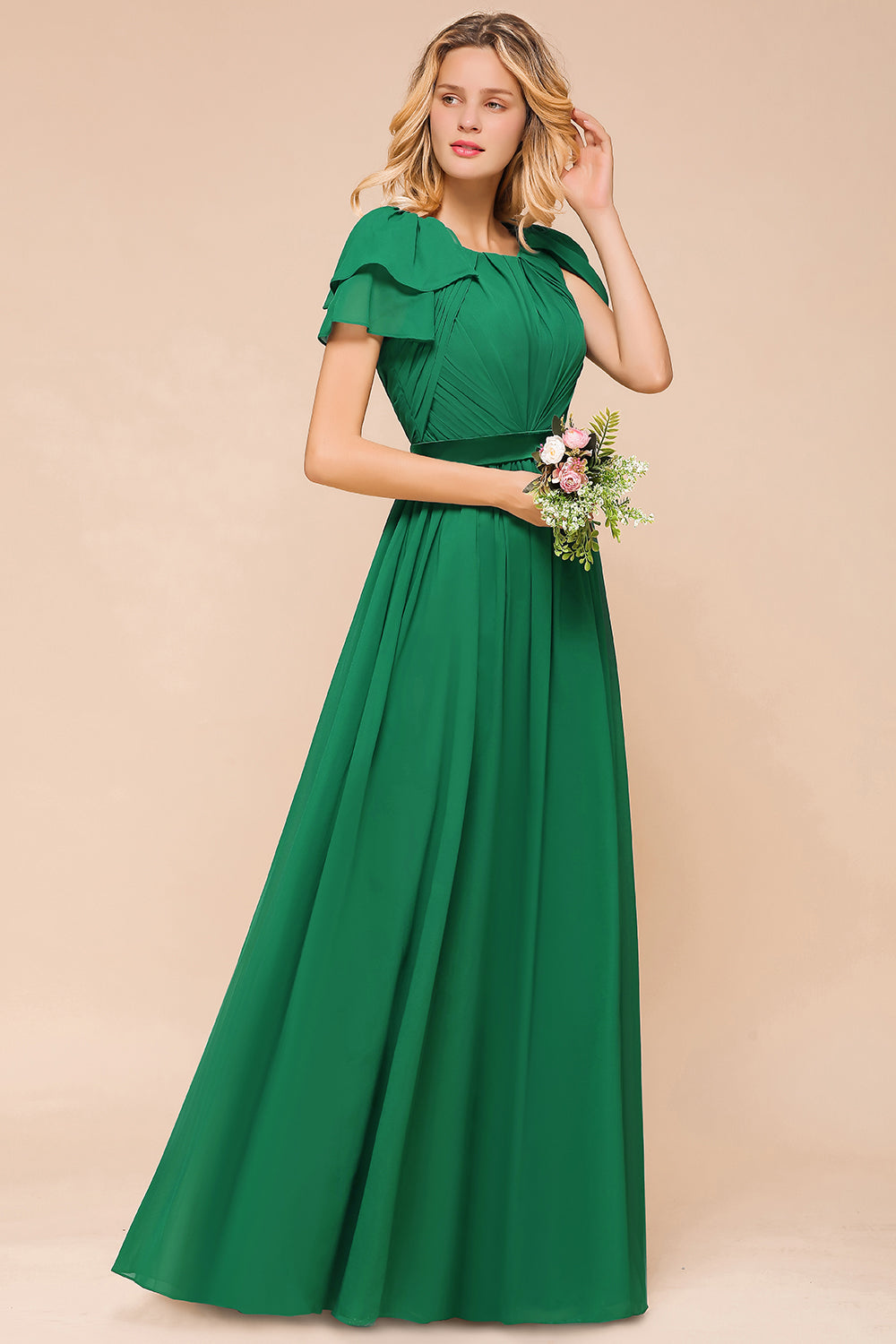 Emerald Short Sleeves Chiffon Ruffles Long Bridesmaid Dresses Online