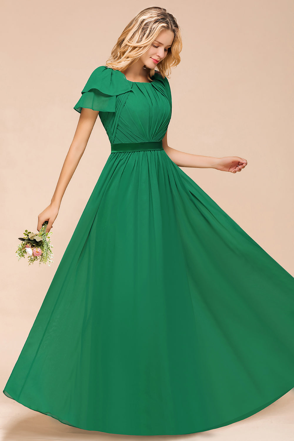 Emerald Short Sleeves Chiffon Ruffles Long Bridesmaid Dresses Online