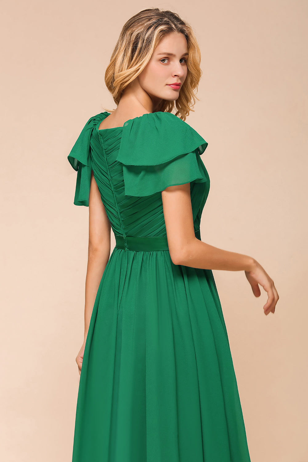 Emerald Short Sleeves Chiffon Ruffles Long Bridesmaid Dresses Online