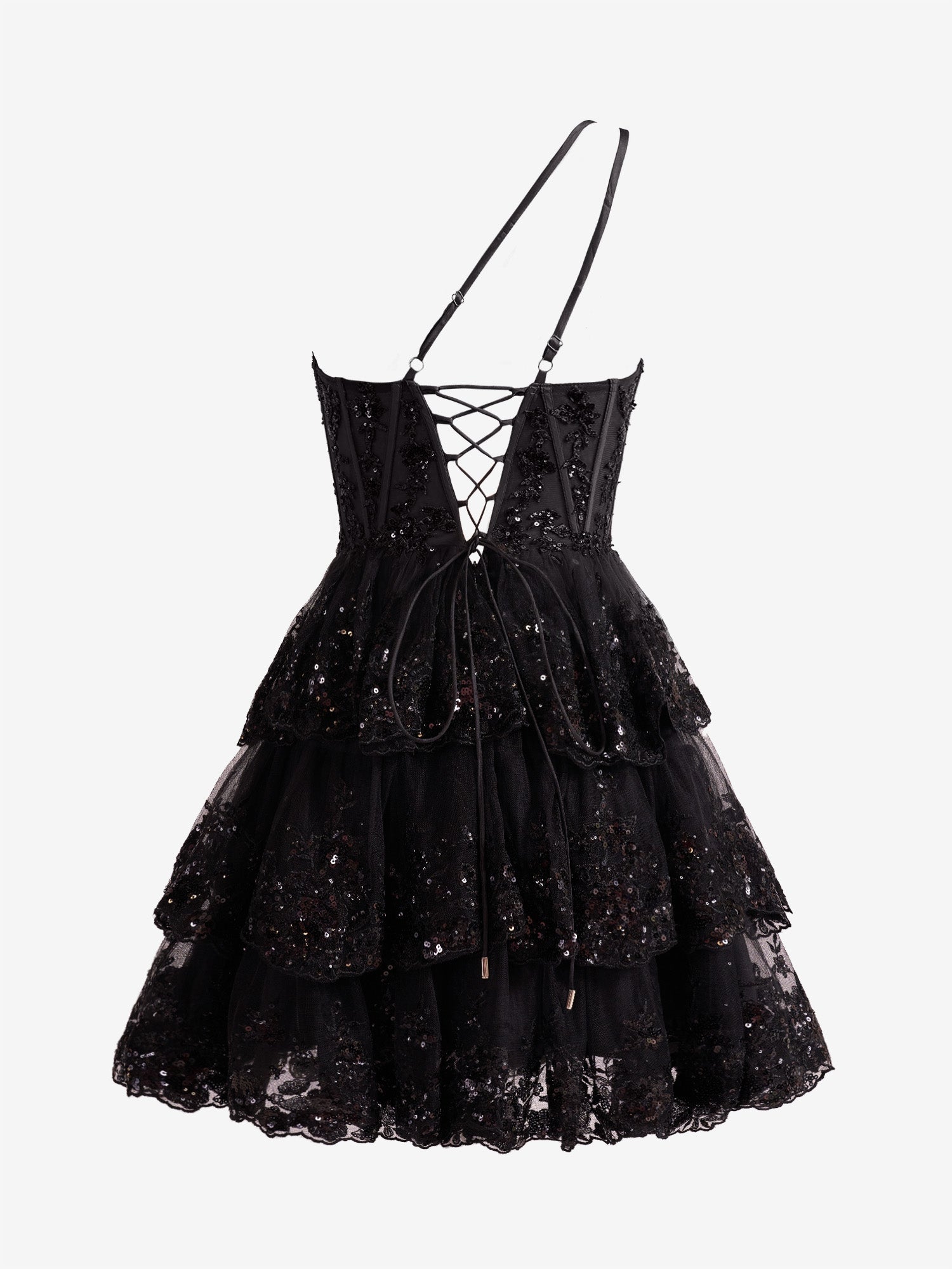 Emma A-Line One-Shoulder Navy Tiered Lace Short Homecoming Dress