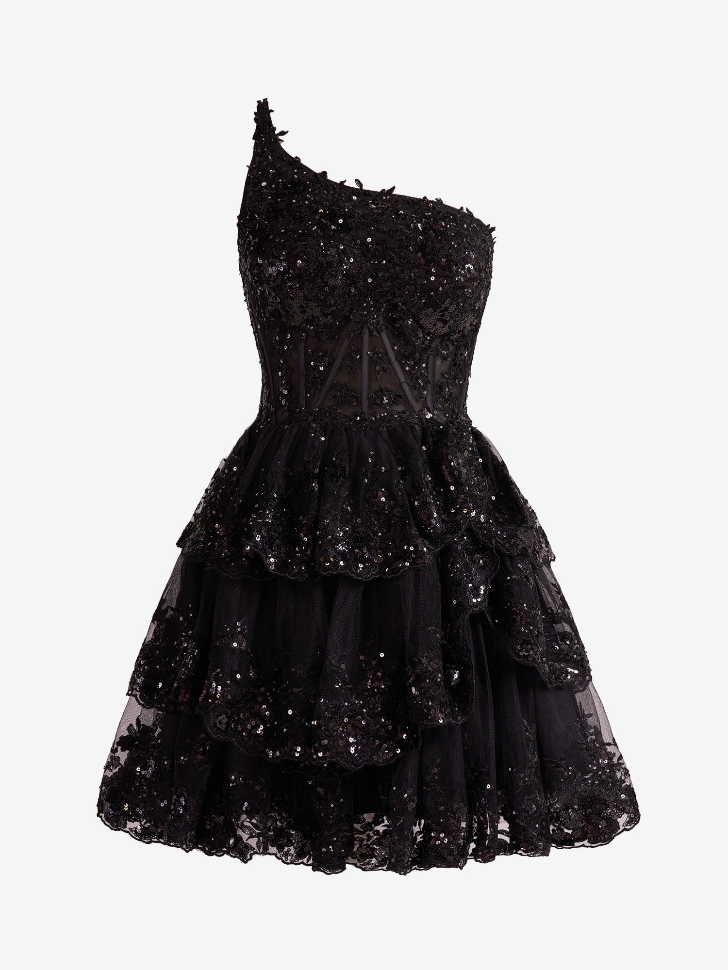 Emma A-Line One-Shoulder Navy Tiered Lace Short Homecoming Dress
