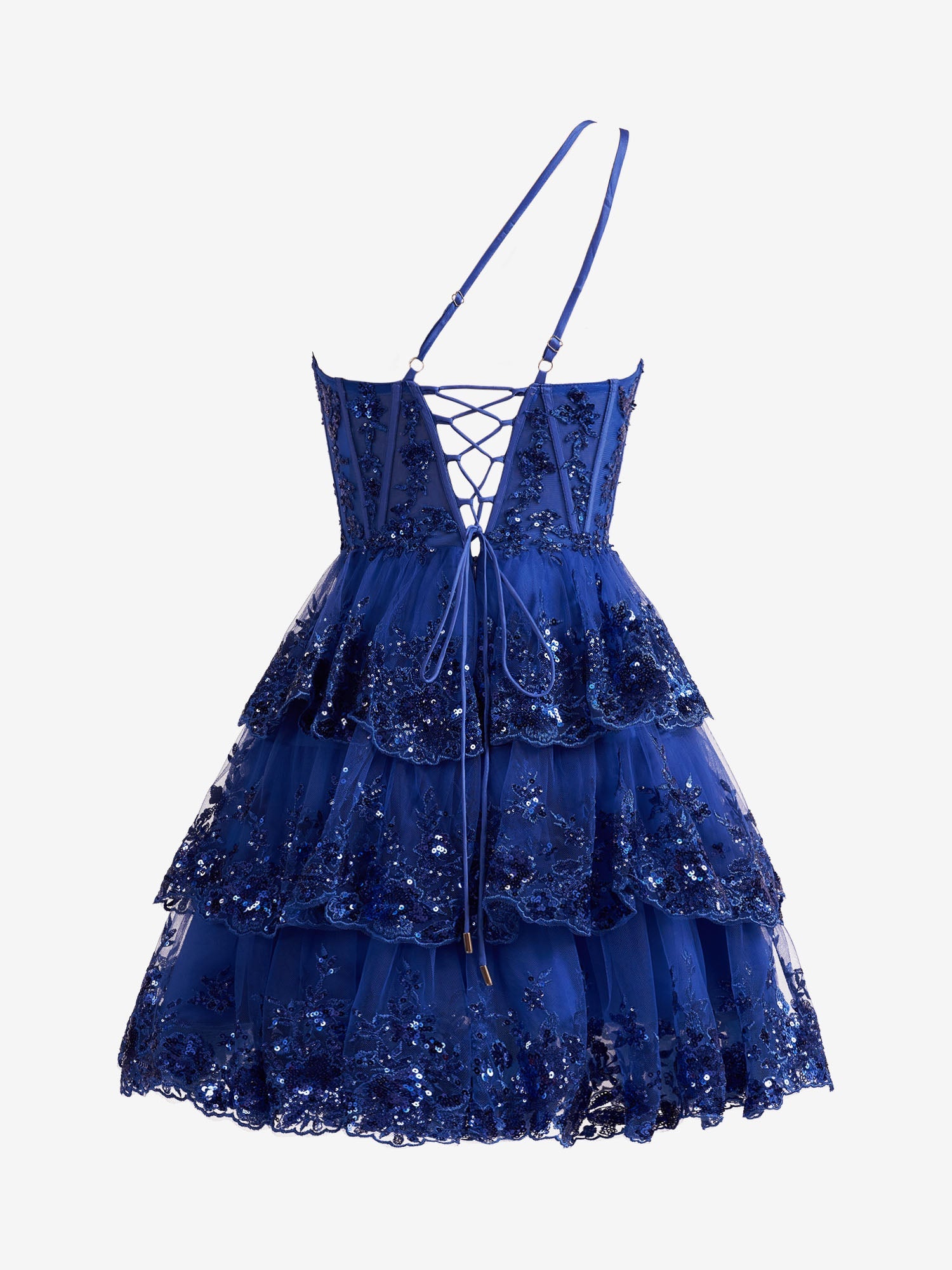Emma A-Line One-Shoulder Navy Tiered Lace Short Homecoming Dress