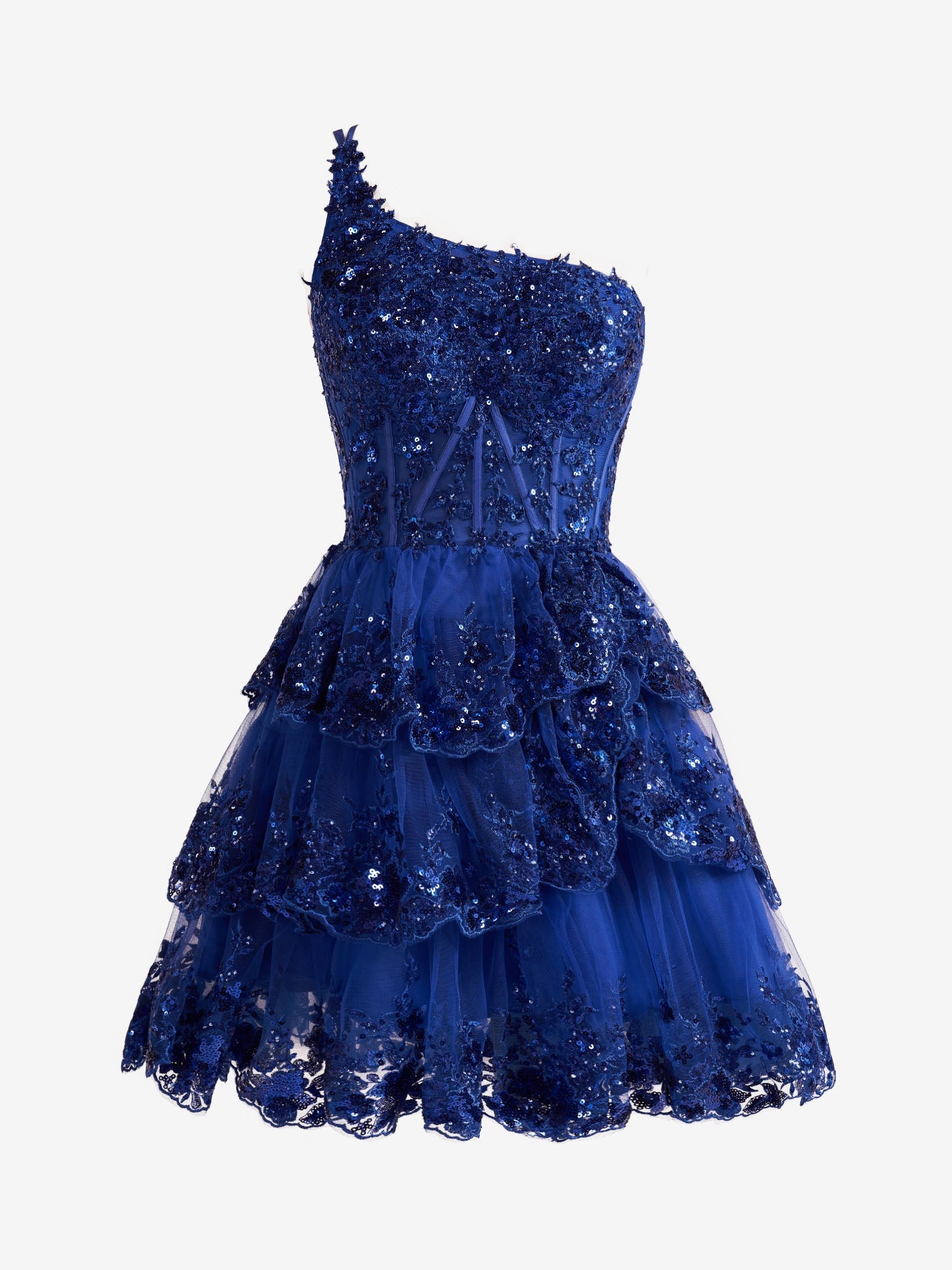 Emma A-Line One-Shoulder Navy Tiered Lace Short Homecoming Dress
