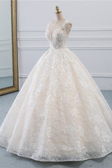 Exquisite Jewel Sleelveless Lace Wedding Dress Ball Gown appliques Bridal Gowns Online