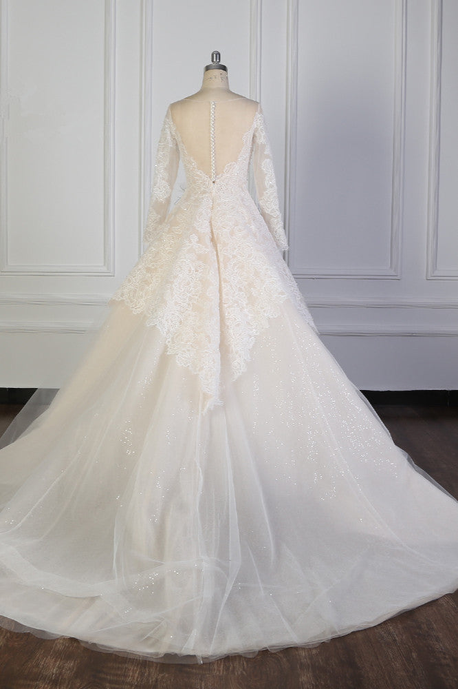 Exquisite Lace Appliques Wedding Dress Tulle Long Sleeves Sequined Bridal Gown On Sale