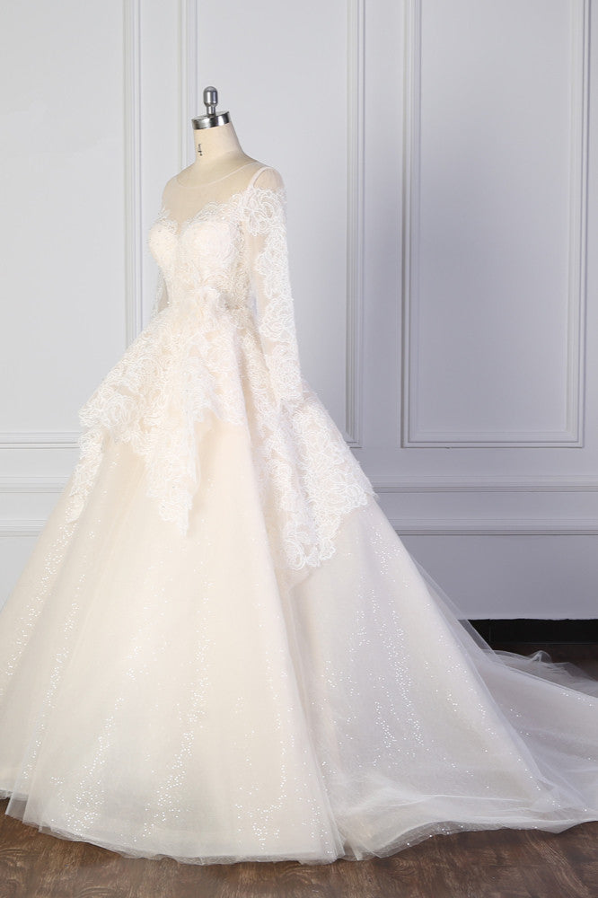 Exquisite Lace Appliques Wedding Dress Tulle Long Sleeves Sequined Bridal Gown On Sale
