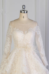 Exquisite Lace Appliques Wedding Dress Tulle Long Sleeves Sequined Bridal Gown On Sale