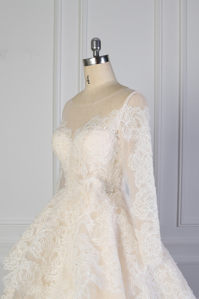 Exquisite Lace Appliques Wedding Dress Tulle Long Sleeves Sequined Bridal Gown On Sale