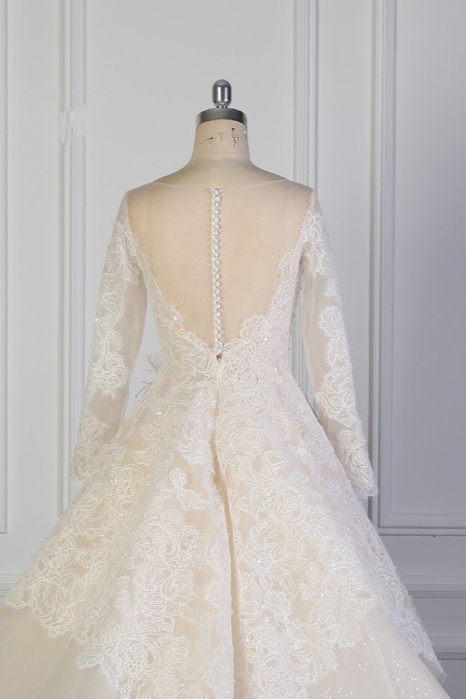 Exquisite Lace Appliques Wedding Dress Tulle Long Sleeves Sequined Bridal Gown On Sale