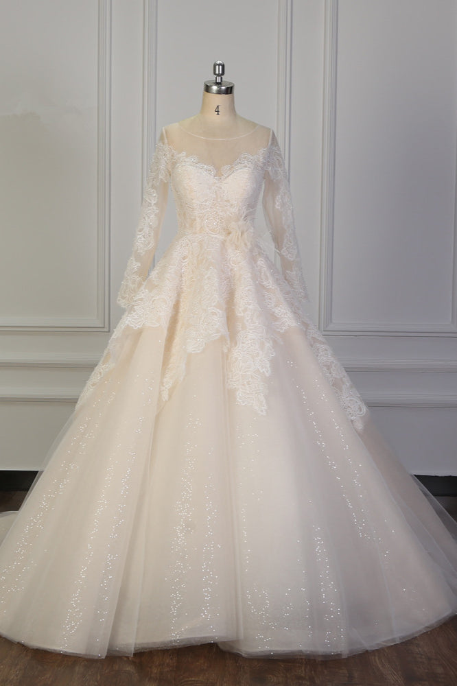 Exquisite Lace Appliques Wedding Dress Tulle Long Sleeves Sequined Bridal Gown On Sale